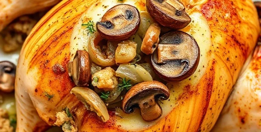 Poulet rôti avec farce de champignons et oignons