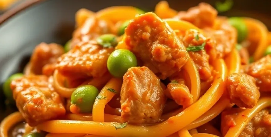 Pâtes avec sauce de cacahuètes et dinde
