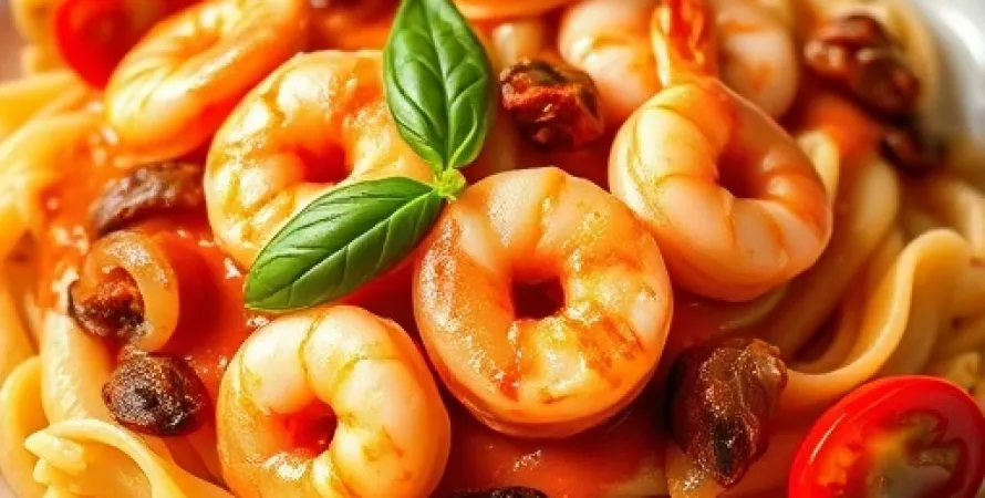 Pâtes au créme de tomate et crevettes