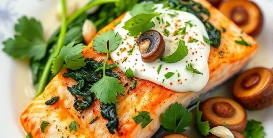 Saumon au cilantro avec épinards et champignons