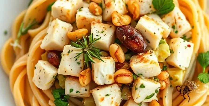Salade chaude de poulet avec pâtes en nids d'abeille