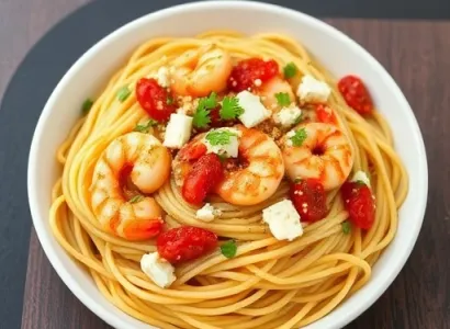 Pâtes aux crevettes et tomates