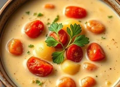 Potage d'asperges et pommes de terre avec tomates rouges