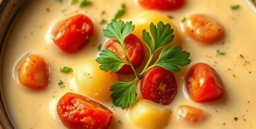 Potage d'asperges et pommes de terre avec tomates rouges