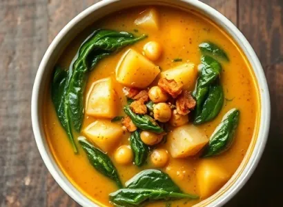 Soupe de pommes de terre, épinards et pois chiches au curry