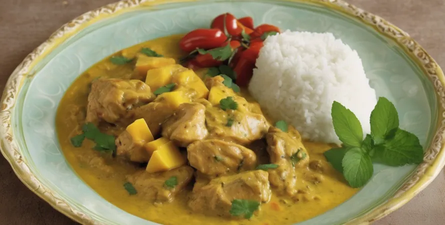 Curry de poulet aux noix de cajou, chutney mangue et raita à la menthe