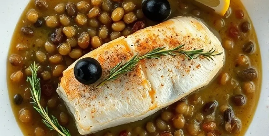Poisson sur purée de lentilles