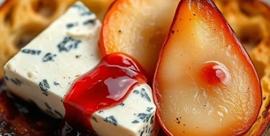 Tartines de fromage bleu et poires au vin rouge