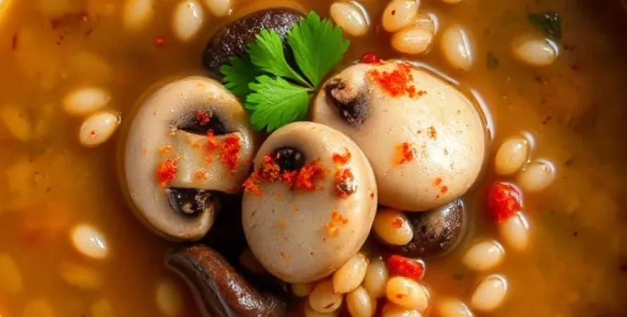 Potage de champignons, orge et persil