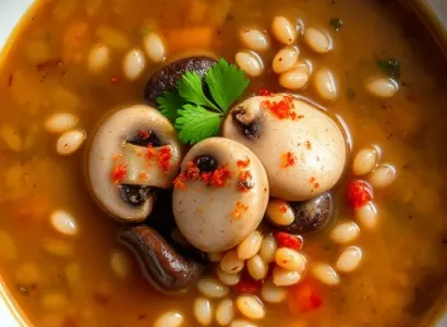 Potage de champignons, orge et persil
