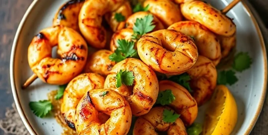 Brochettes de crevettes épicées avec salsa de tomatillo