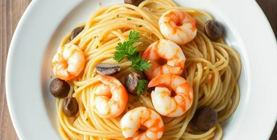 Spaghetti aux crevettes et champignons