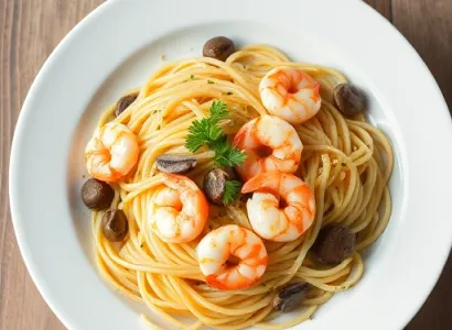 Spaghetti aux crevettes et champignons