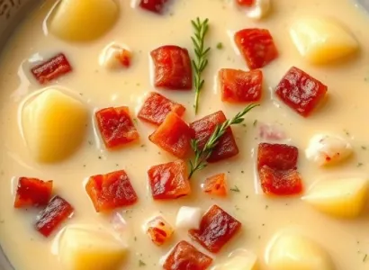 Potage crémeux de pommes de terre et lardons