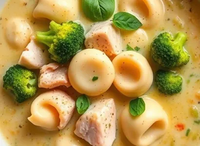 Potage de brocolis et tortellinis au poulet