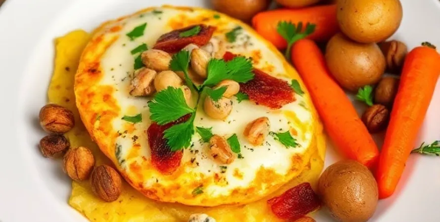 Omelette au fromage bleu et bacon caramelisé
