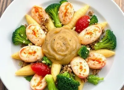 Pennes au fromage avec crevettes et brocolis