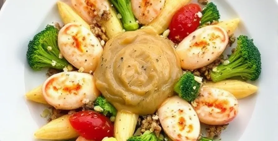 Pennes au fromage avec crevettes et brocolis
