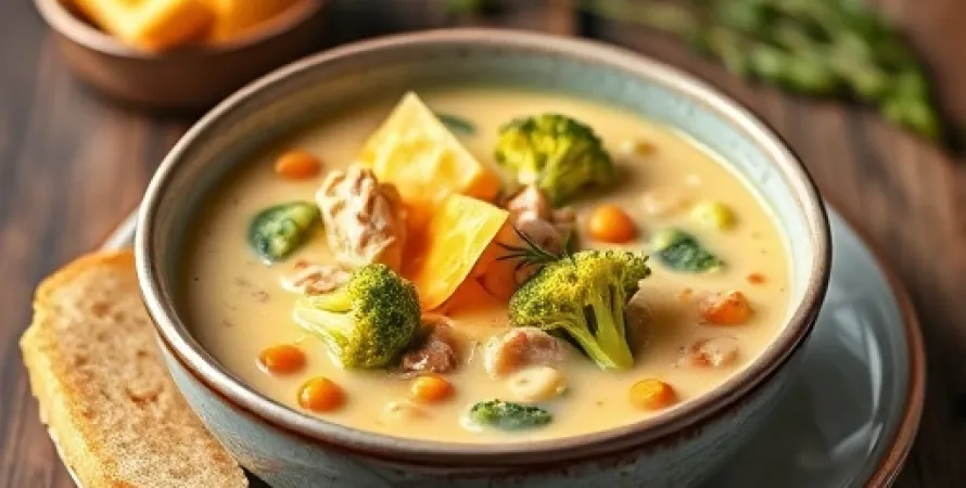 Potage de brocolis et haricots blancs au fromage cheddar
