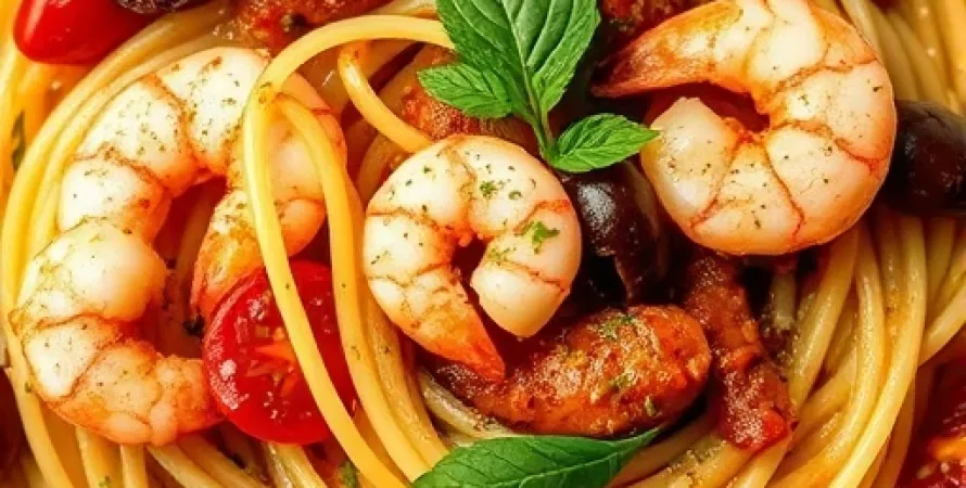 Pâtes aux crevettes et sauce puttanesca