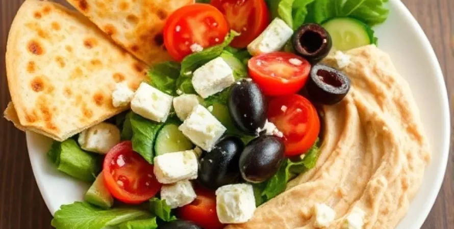 Salade grecque dans des pita avec hummus