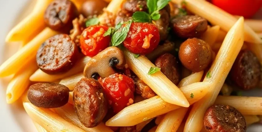 Pennes aux saucisses, champignons et vin rouge