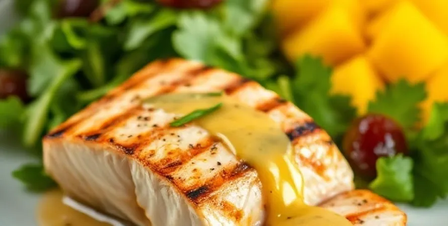 Saumon sur salade de feuilles vertes avec dressing lime gingembre