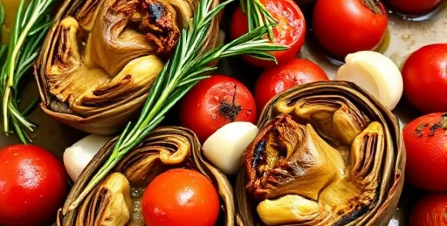 Artichauts et tomates rôtis au romarin