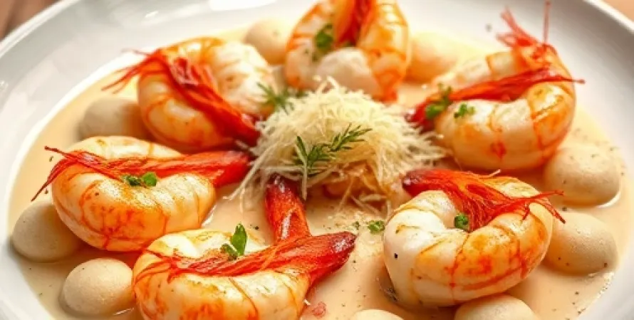 Crevettes au pancetta avec sauce au vin blanc