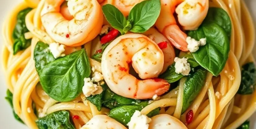 Pâtes crémeuses aux crevettes et épinards