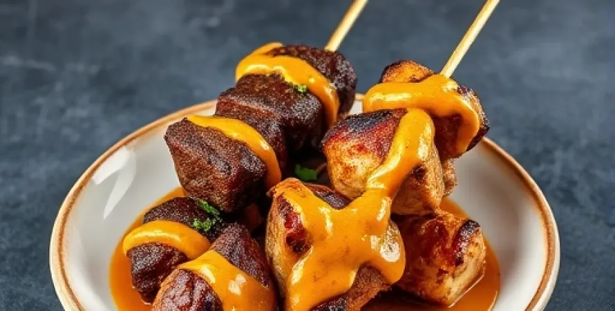 Brochettes de boeuf et poulet au curry