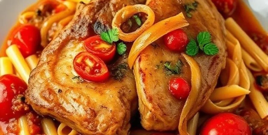 Côtes de porc braisées avec rigatoni