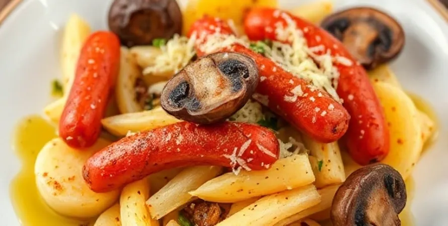 Pâtes aux courges avec saucisses et champignons sauvages