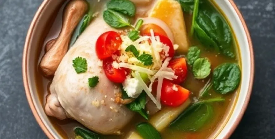 Potage de dinde avec ail, épinards et tomates