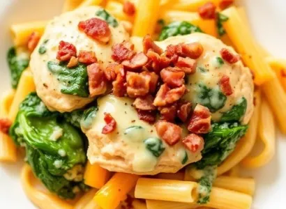 Pâtes au courge butternut avec poulet, bacon et épinards