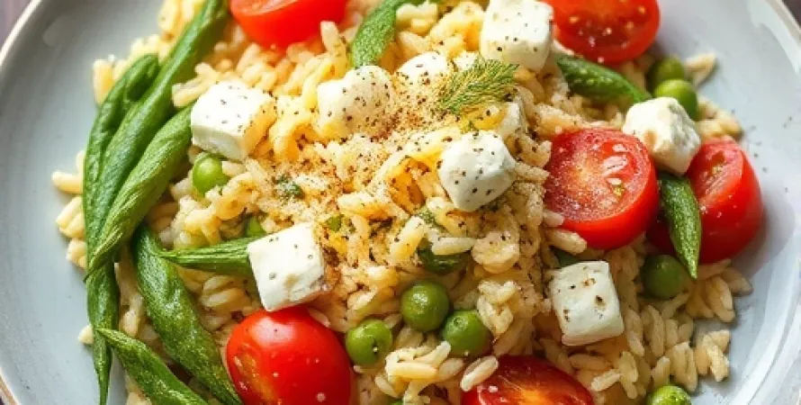 Orzo aux haricots verts, tomates et feta