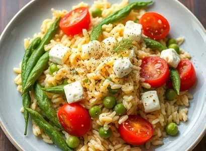 Orzo aux haricots verts, tomates et feta