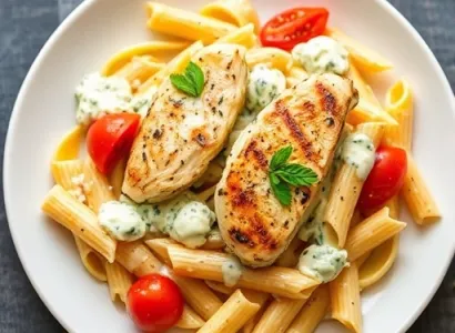 Pennes au gorgonzola avec poulet et tomates Roma