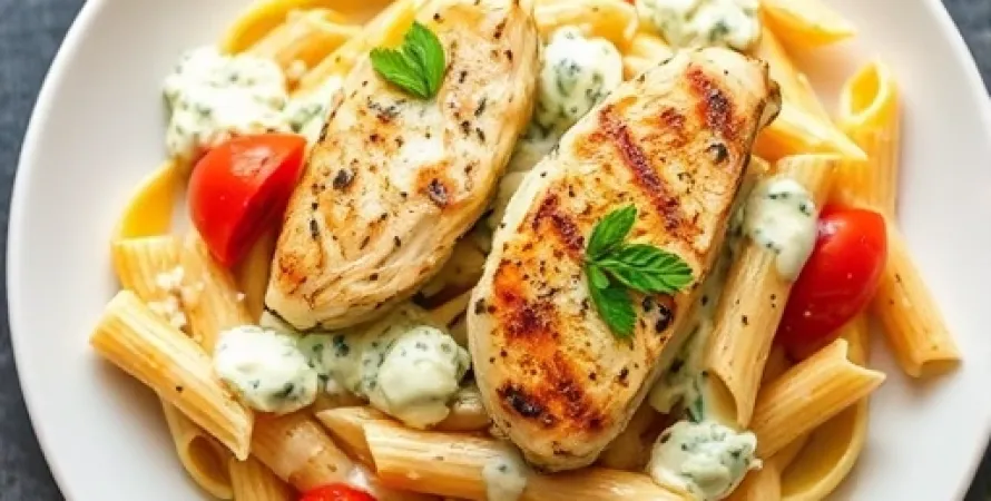 Pennes au gorgonzola avec poulet et tomates Roma