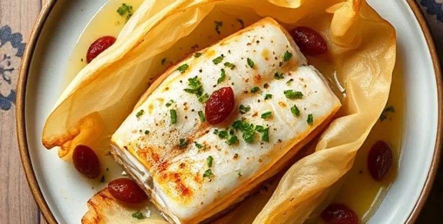 Papillote de poisson au vin blanc et raisins