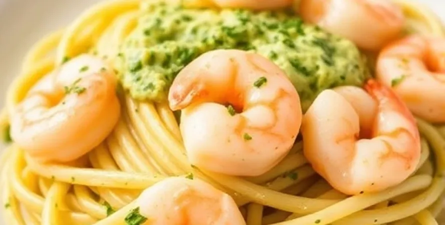 Pâtes crémeuses au pesto et crevettes