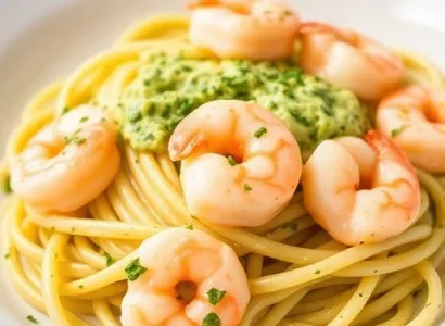 Pâtes crémeuses au pesto et crevettes
