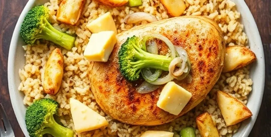 Gratin de poulet, riz sauvage, asperges et brocolis