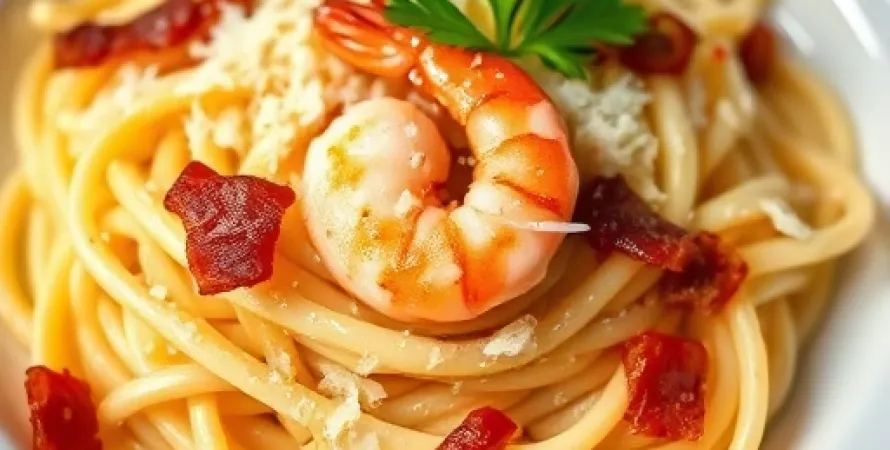 Pennes au crevettes et bacon