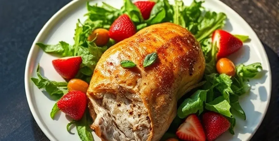 Poulet aux fraises et salade d'arugula
