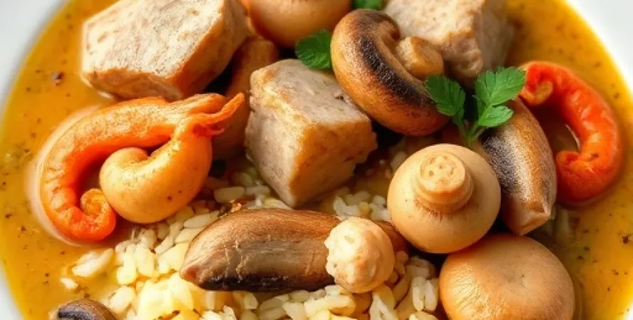 Poulet, porc et champignons étouffée