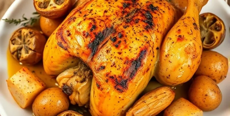 Poulet rôti aux pommes de terre, artichauts et citron