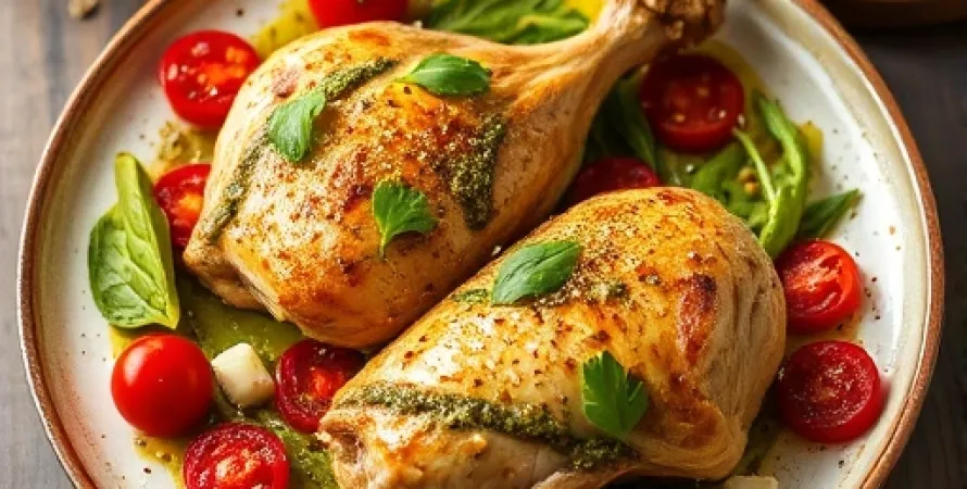 Poulet au pesto, fromage et poivrons rouges