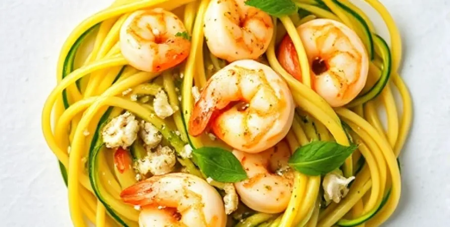 Pâtes de courgettes jaunes et vertes avec crevettes
