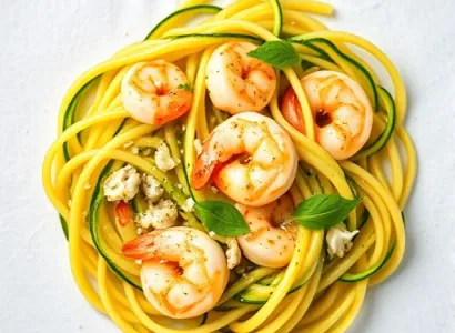 Pâtes de courgettes jaunes et vertes avec crevettes
